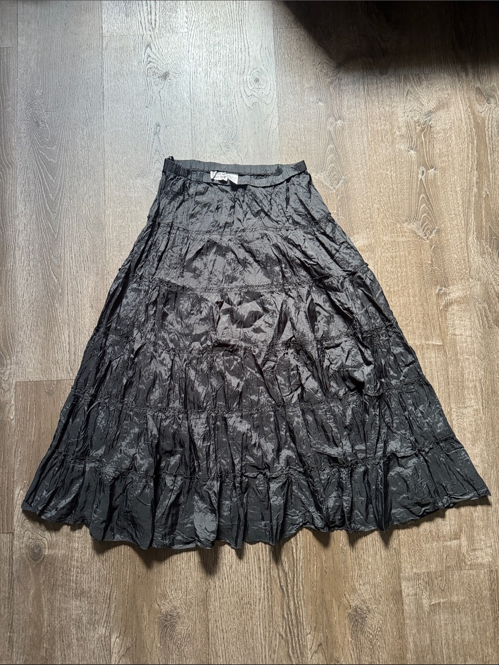 Crinkled Black A-Line Midi Skirt
